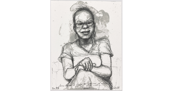A black-and-white print of a sketch of a seated Black woman wearing glasses with her hands folded on her lap.