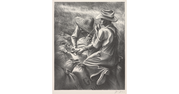 A black-and-white print of two farmers wearing hats and overalls tying bags of wheat in a wheat field.
