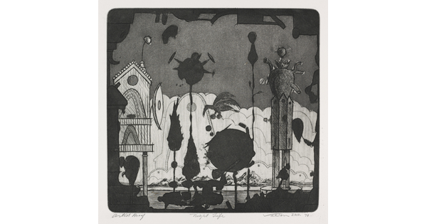 A black-and-white print of organic and geometric shapes, some in silhouette, and buildings in the background.