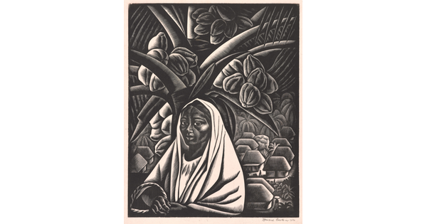 A black-and-white print of a dark-skinned woman in a white top and head covering in front of a geometric, tropical landscape with palm trees and thatched homes.
