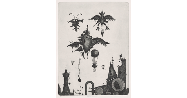 A black-and-white print of abstract, bird-like figures and balloons over a steampunk-style city skyline.
