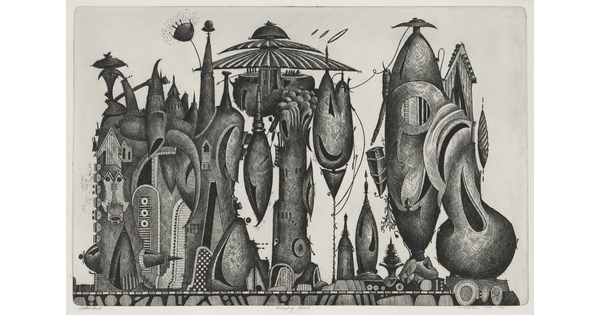 An abstract black-and-white print of machine-like creations layered and lined up next to each other.