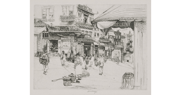 A black-and-white print of a busy street corner with people, some carrying baskets, walking in front of buildings with Asian architectural details.