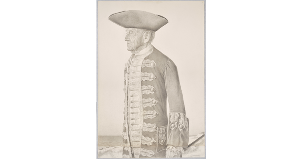A graphite drawing of a White man in profile wearing a tricorn hat and a decorative frock.