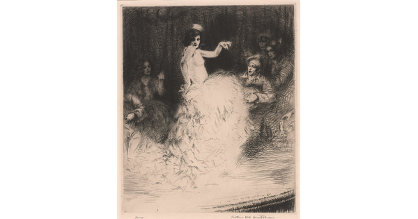 A black-and-white print of a White woman dancing on a stage in a voluminous skirt as people around her watch.