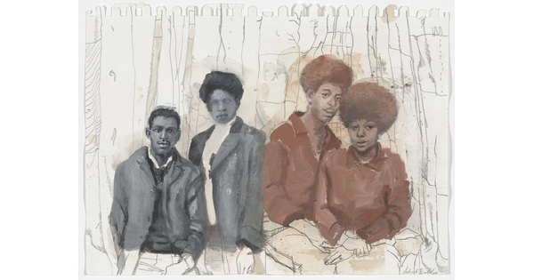 A graphite and watercolor portrait of two Black couples: the couple at left wears black jackets and shirts, and the couple at right wears brown tunics and afro hairstyles.