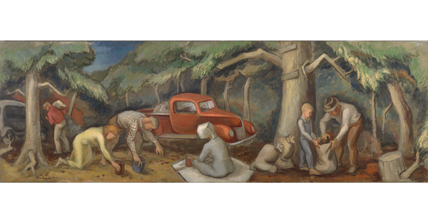 A oil painting of a family collecting pecans in a forest.
