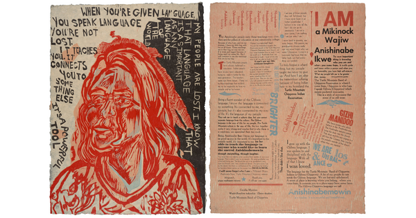 A two-part print of an abstract American Indian bust surrounded by text on the left, and lots of chunks of text in different sizes and colors on the right.