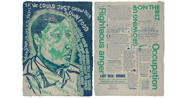 A color print of a two-page spread: on the left, a Native American man in three-quarter profile in blue and green surrounded by text; on the right, several blocks of text in varying sizes in blue and green.