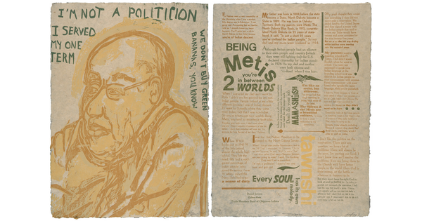 A color print of a two-page spread: on the left, an Indigenous man in glasses in orange and yellow surrounded by green text; on the right, several blocks of text in varying sizes in green, orange, and yellow.