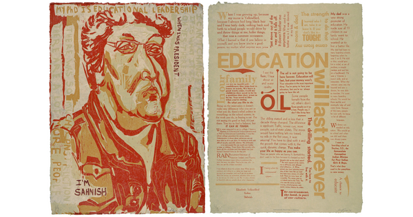 A color print of a two-page spread: on the left, an Indigenous man with curly hair and glasses in red and yellow surrounded by yellow text; on the right, several blocks of text in varying sizes in red and yellow.