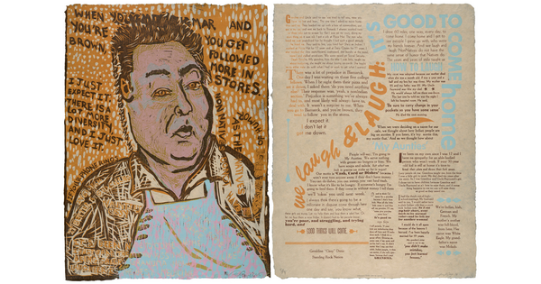 A color print of a two-page spread: on the left, an Indigenous man in a blue apron in brown and orange surrounded by brown text; on the right, several blocks of text in varying sizes in orange, brown, and blue.