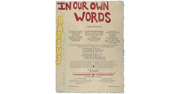 A color print of vertically and horizontally-formatted text in red, yellow, blue, and black.