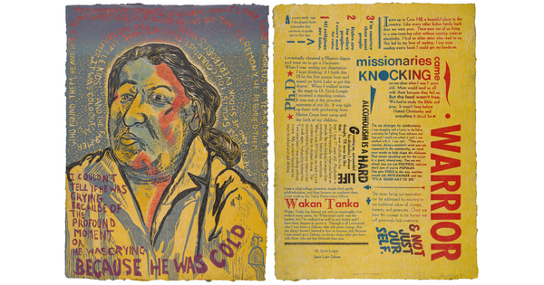 A two-part print of an abstract American Indian bust surrounded by text on the left, and lots of chunks of text in different sizes and colors on the right, with the word &quot;WARRIOR&quot; prominently in red.