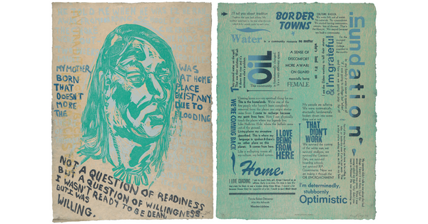 A color print of a two-page spread: on the left, an Indigenous man with long hair in green and blue surrounded by blue text; on the right, several blocks of text in varying sizes in blue, green, and black.