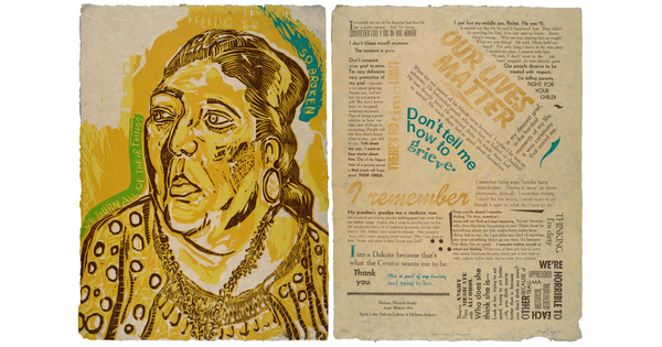 A color print of a two-page spread: on the left, an Indigenous woman in yellow and brown surrounded by yellow and green text; on the right, several blocks of text in varying sizes in yellow, brown, and green.