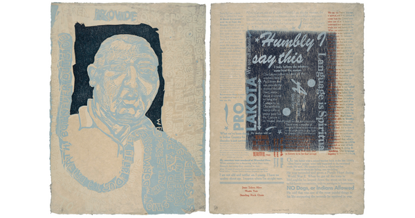 A color print of a two-page spread: on the left, an Indigenous man in blue and black surrounded by blue text; on the right, several blocks of text in varying sizes in blue, red, and black.