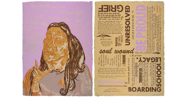 A color print of a two-page spread: on the left, an Indigenous woman in orange and brown surrounded by text on a pink background; on the right, several blocks of text in varying sizes in brown and pink.