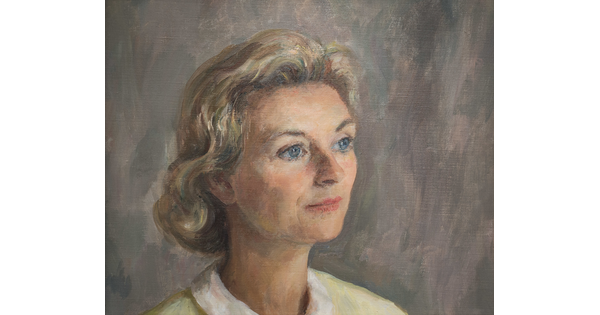 A portrait painting of the head and shoulders of a White woman with blue eyes and short blonde hair.