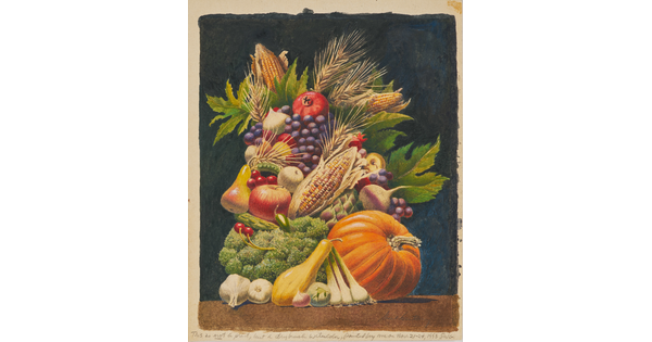 A watercolor painting of a man's head in profile made entirely of fruits and vegetables.