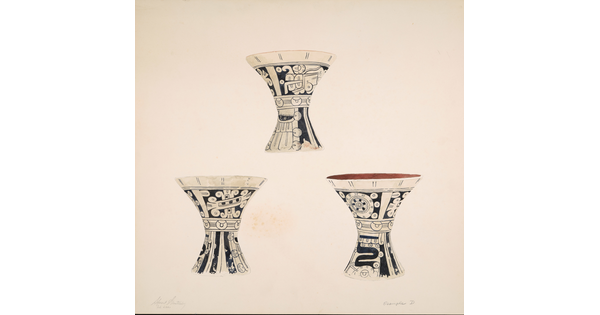 A detailed watercolor painting of three hourglass-shaped vessels covered in Aztec designs.