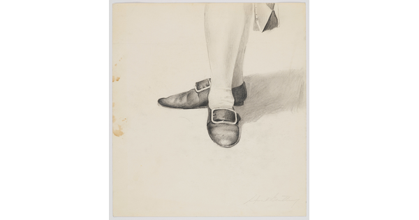 A pencil drawing of a close-up of historical footwear modelled by a person.