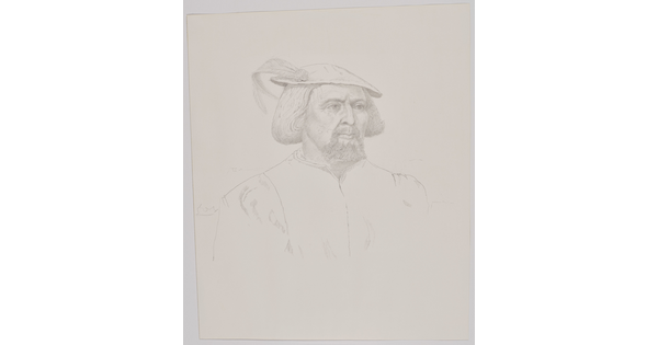A pencil drawing of a White man with a goatee wearing a cap with a feathered plume and a jacket with a high collar and puffy sleeves.