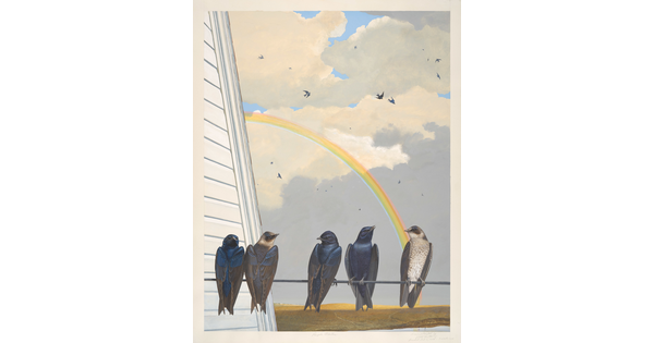 A watercolor of a group of iridescent black birds on a powerline next to a house; a rainbow in the sky in the background.