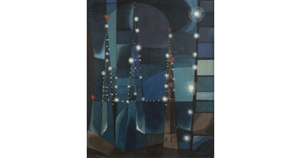 An abstract oil painting of oil rigs at night, composed of geometric shapes in shades of blue, green, and brown.