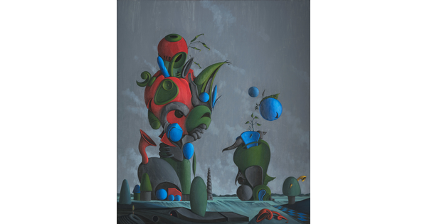 An abstract oil painting of colored, bulbous shapes resembling plants and trees against a gray background.