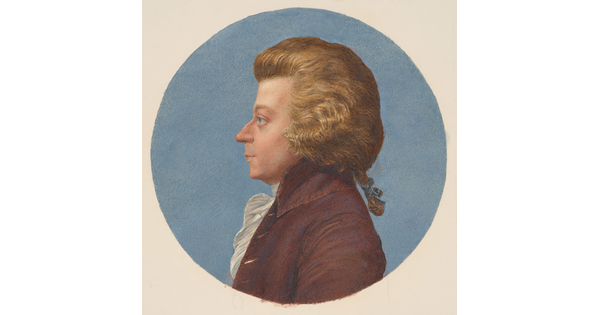 A circular watercolor portrait of a White man in profile with a thick blond wig and pigtail, wearing an 18th century coat and ruffled white shirt.