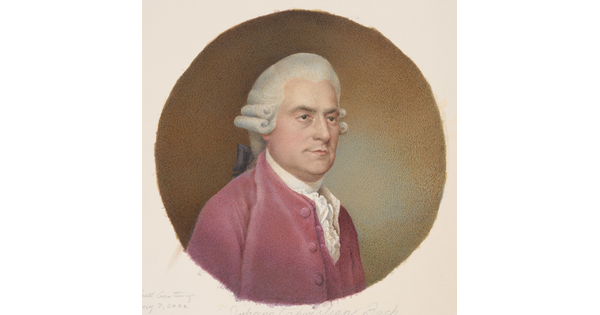 A circular watercolor portrait of a White man in a white wig with side curls wearing a red 18th-century-style coat and ruffled white shirt.