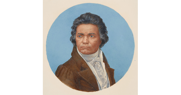 A circular watercolor portrait of a White man with wavy salt-and-pepper hair, head turned to look over his shoulder, wearing an 18th-century-style coat and ruffled white shirt.
