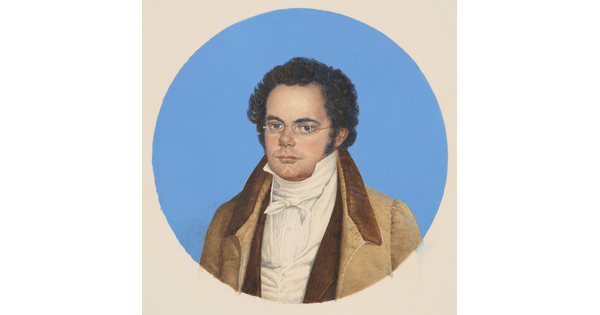 A circular watercolor portrait of a White man with dark, curly hair, a round face, wire-rimmed glasses, wearing a tan jacket over a white vest and a high-collared shirt.