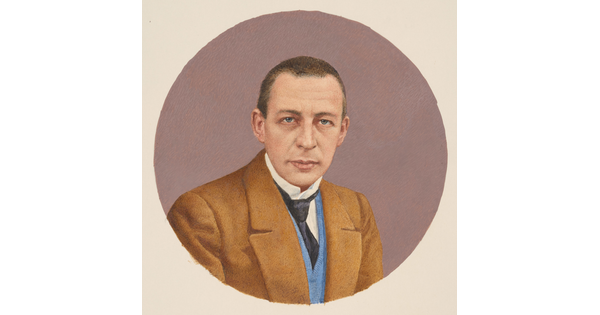 A circular watercolor portrait of a White man with close-cropped hair, blue eyes in a long face wearing a tan sport jacket over a blue vest and tie.