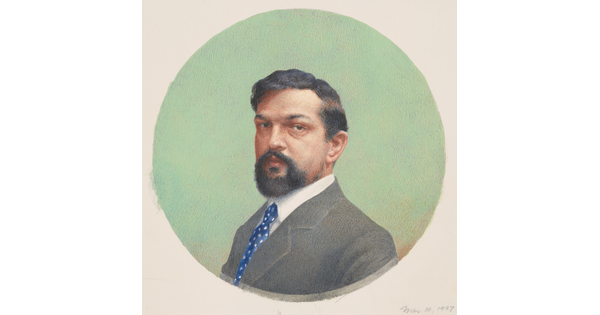 A circular watercolor portrait of a White man with dark wavy hair and a goatee, wearing a gray suit jacket over a white shirt with a blue polka-dot tie.