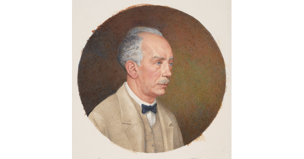 A circular watercolor portrait of a White man in profile with receding gray hair, a mustache, wearing a tan sport coat, vest, and bow tie.