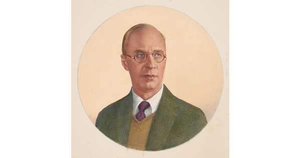 A circular watercolor portrait of a balding White man in wire-rimmed glasses with piercing blue eyes, wearing a green sport coat over a gold sweater and red tie.