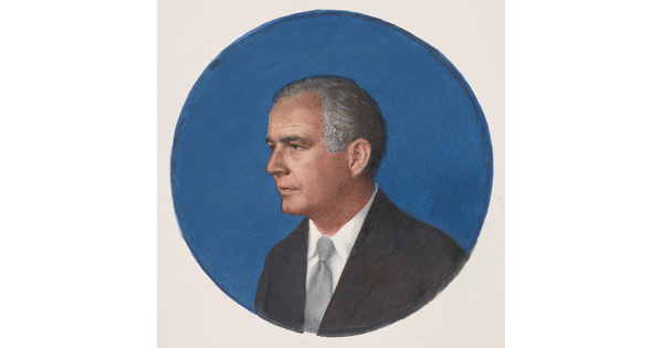 A circular watercolor portrait of a White man in profile with dark gray hair wearing a black suit jacket and silver tie.