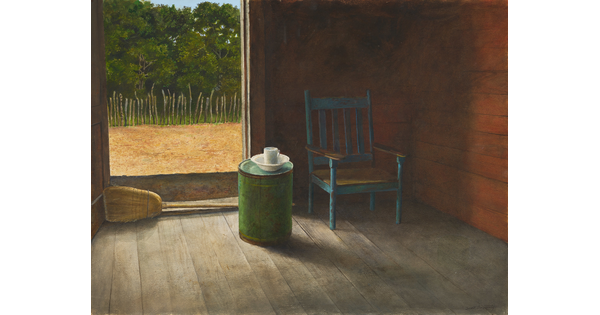 A watercolor painting of a room with a blue wooden chair, a white teacup and saucer on a rusty green barrel, and a broom laying across the open doorway.