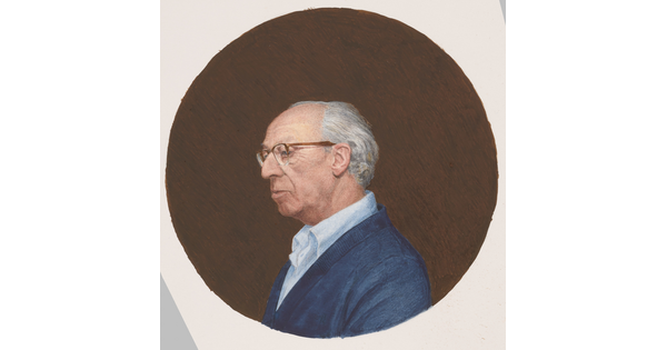 A round watercolor portrait of an older, balding White man in profile with white hair, glasses, and blue sweater.