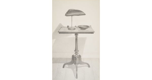 A vertical black-and-white drawing of a table with a tricorn hat on a display pedestal and ancient Greek drinking cup.