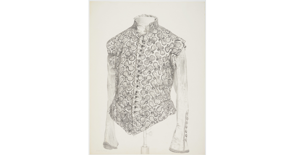 A black-and-white drawing of a historical jacket with an intricate spiral design on the torso set on a mannequin.