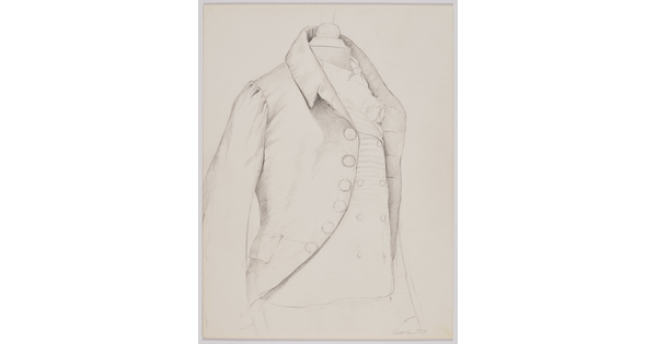 A black-and-white drawing of a historical jacket over a vest set on a mannequin.