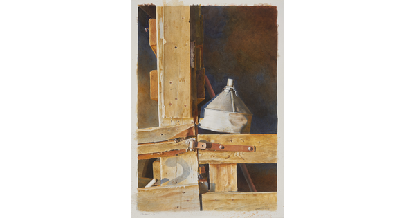 A realistic watercolor painting of a tin funnel resting upside down on a wooden structure.