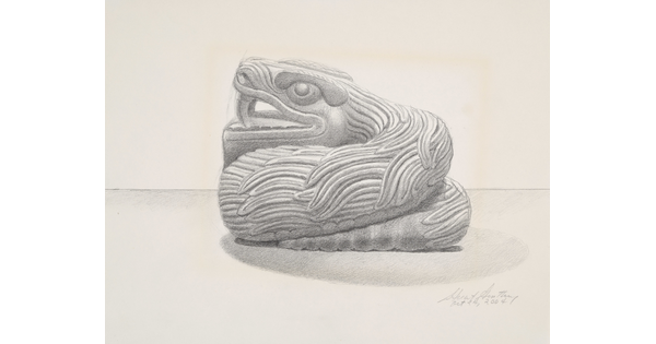 A black-and-white drawing of a stylized coiled snake sculpture, mouth open showing fangs.