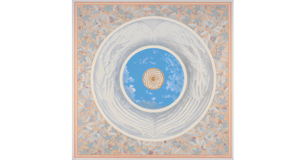 A watercolor of three concentric circles, the innermost a geometric design surrounded by sky, surrounded by white feathered wings, and then a floral pattern.
