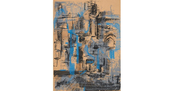 A color print of abstracted lines and forms, some resembling architectural features, primarily in shades of blue and black.