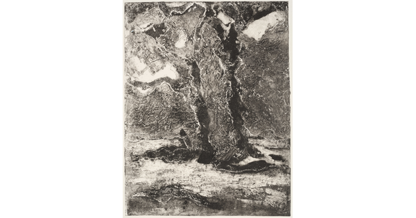 An abstract black-and-white print of organic forms suggestive of two trees.