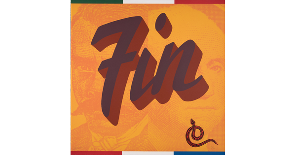 A color print of the word &quot;Fin&quot; written in cursive over faint images of two faces on an orange background; a red and black snake in the lower right corner.